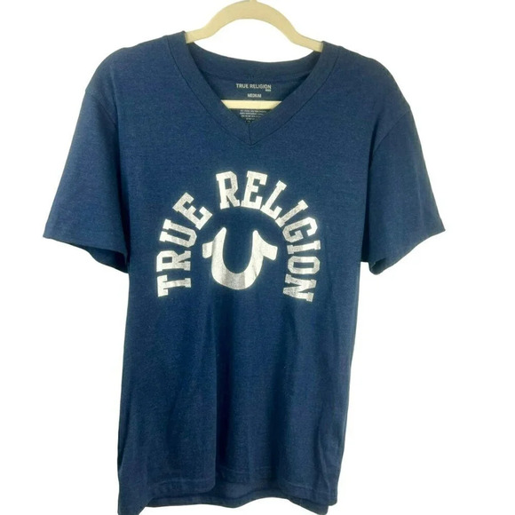 NEW True Religion Shirt Men Unisex Medium V Neck Short Sleeves Metallic Blue - Picture 1 of 6